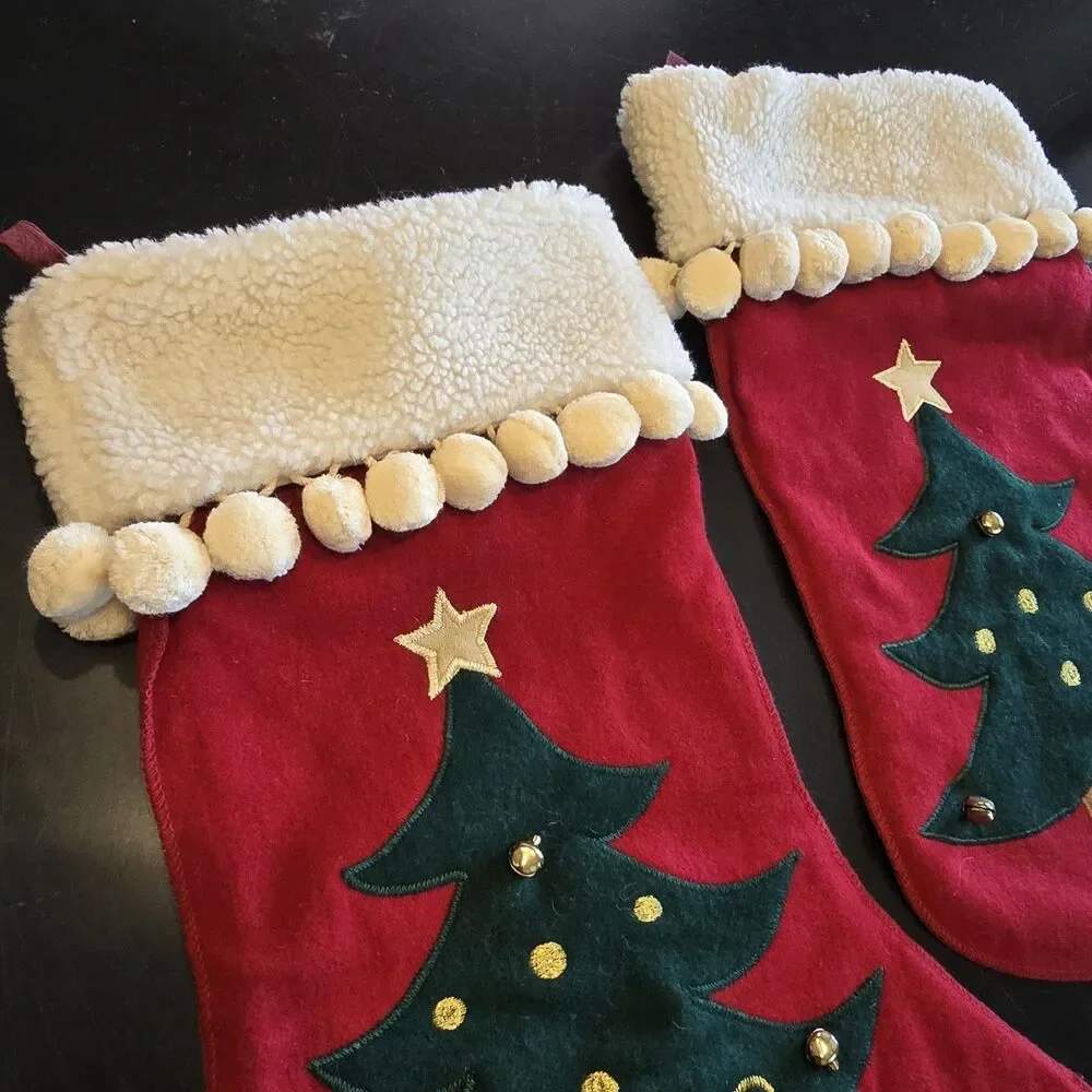 2 Red Christmas Stockings White Cuff Pom-Pom Trim Tree Hanging Loop